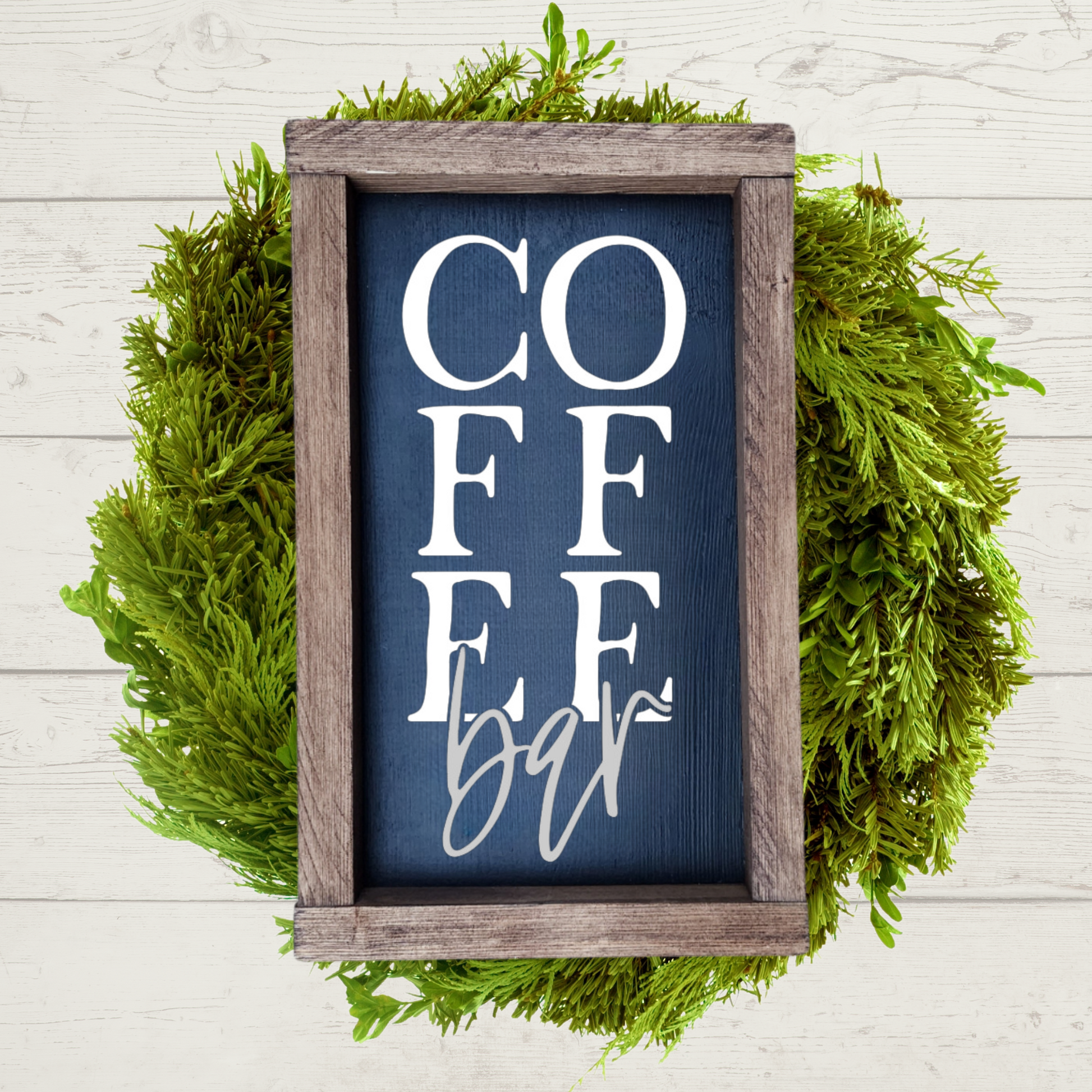5x9 wooden coffee bar sign with a black background and white and grey colored lettering.