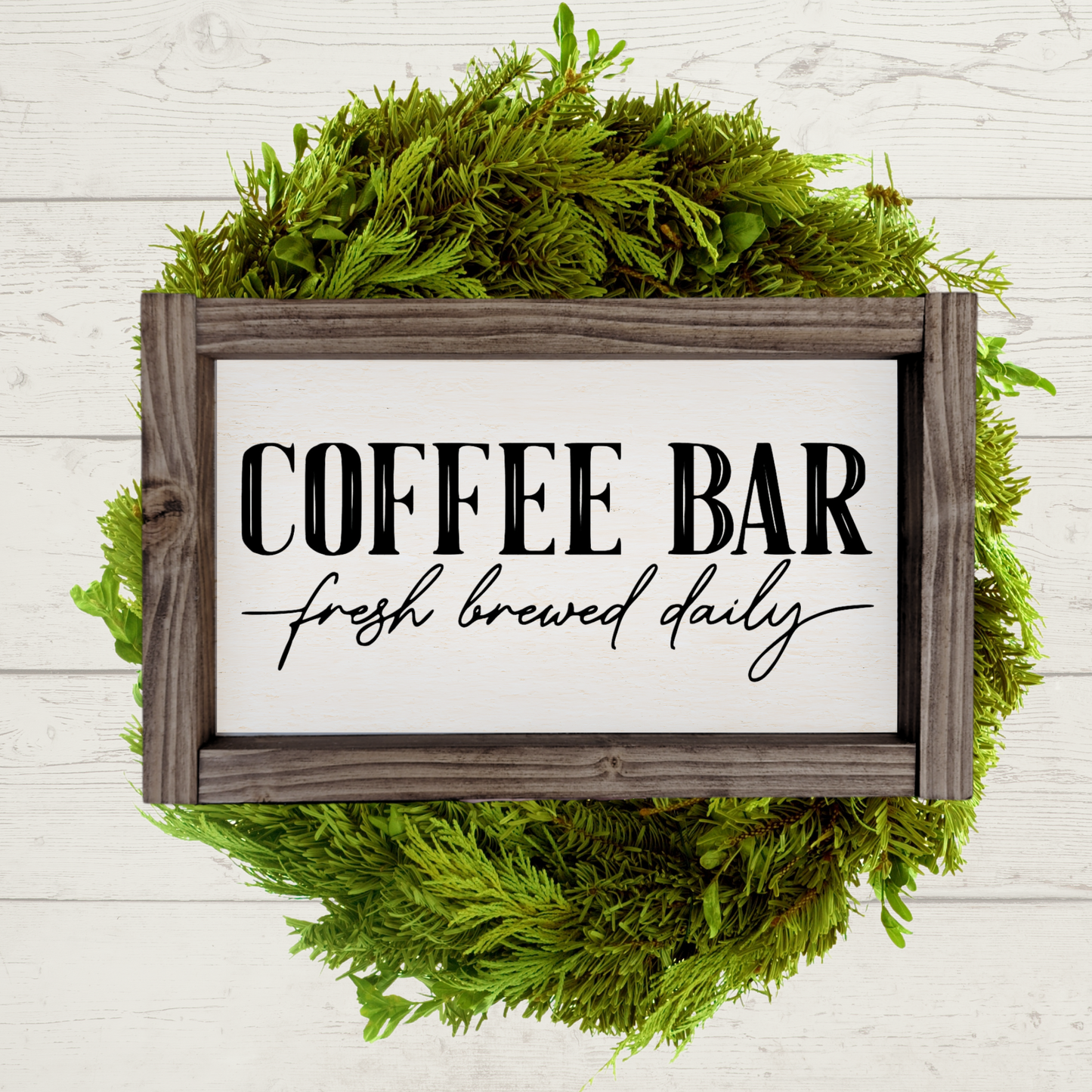 5x9 dark brown stained framed sign with a white background and black lettering that says coffee bar, fresh brewed daily.