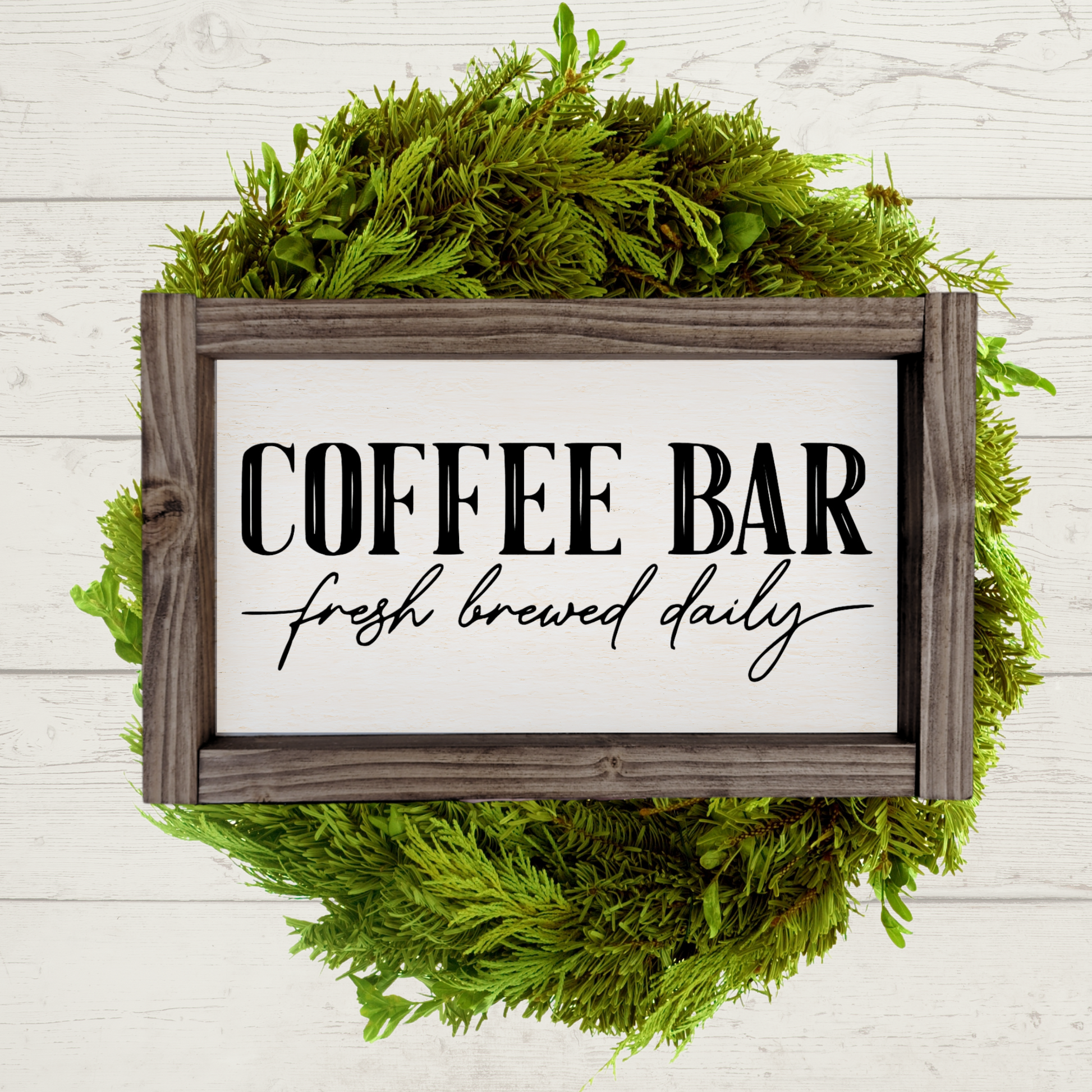 5x9 dark brown stained framed sign with a white background and black lettering that says coffee bar, fresh brewed daily.