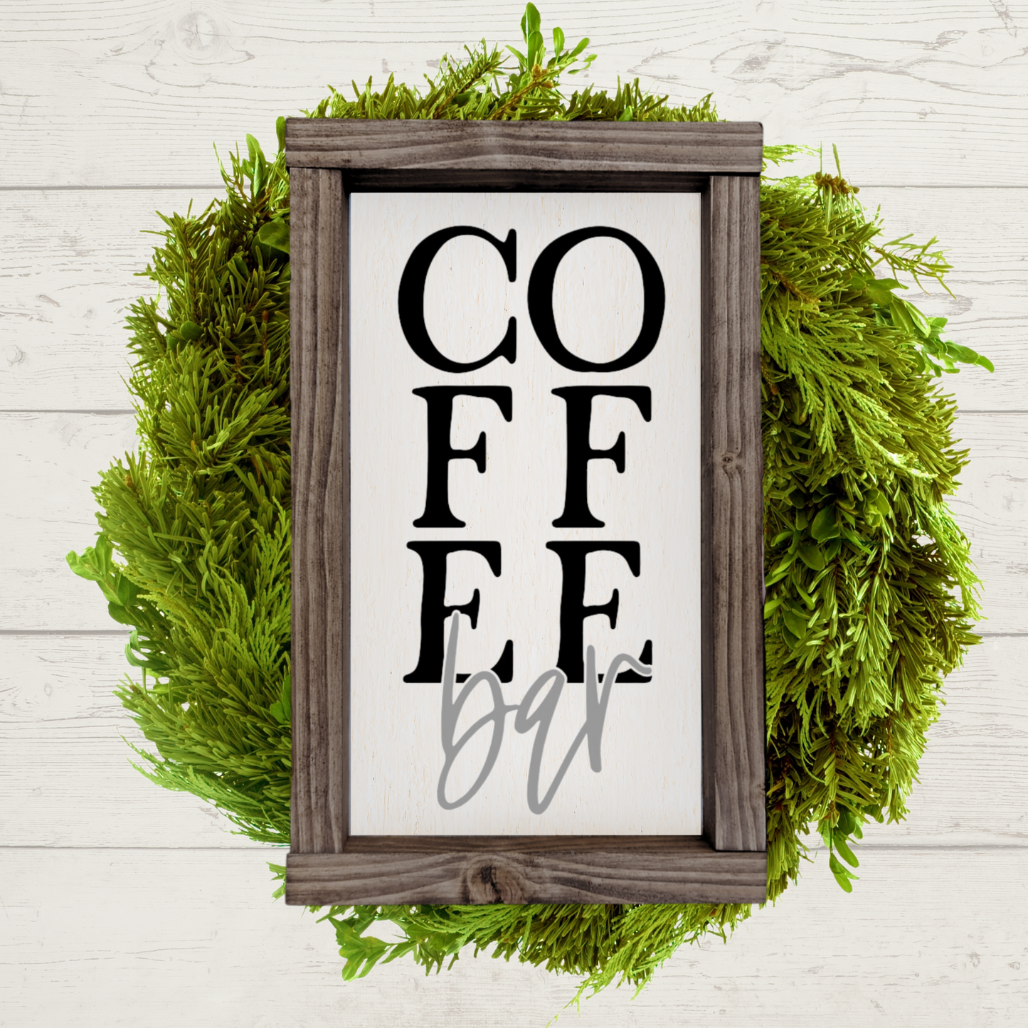 5x9 wooden coffee bar sign with a white background and black and grey colored lettering.