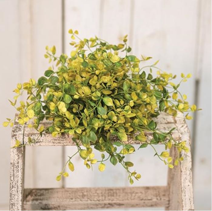 12 inch diameter, half sphere floral greenery with colors of gold, green, and yellow.