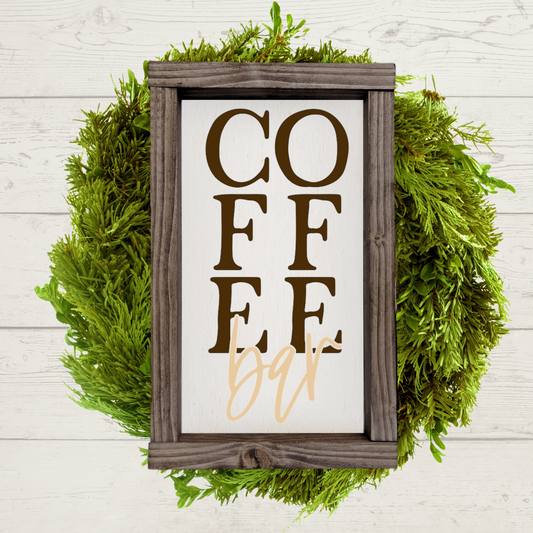 5x9 wooden coffee bar sign with a white background and espresso and cream colored lettering.