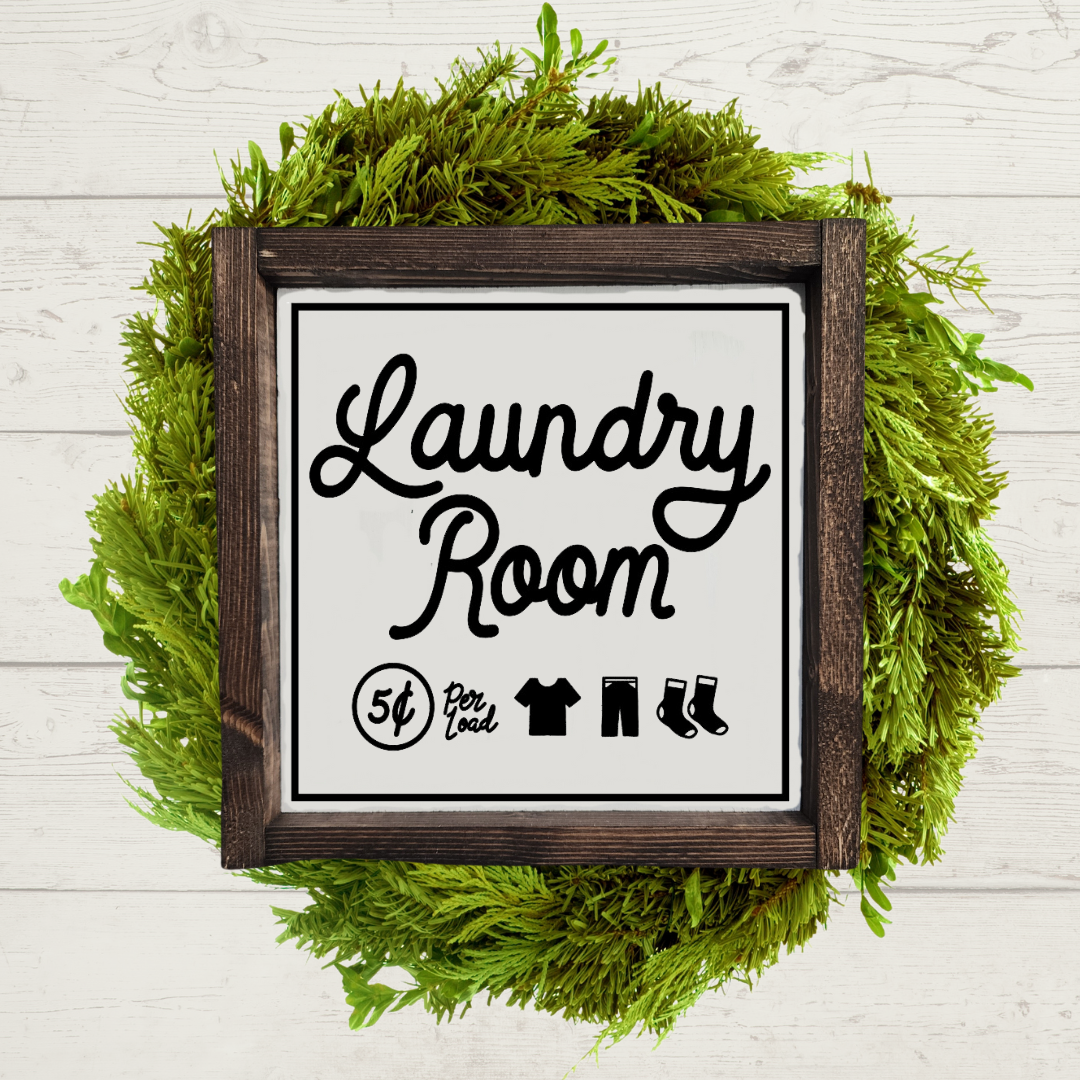 Black and white farmhouse framed wooden sign for laundry room décor